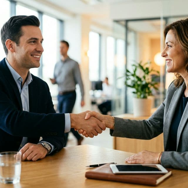 A professional handshake between a sales person and a client.