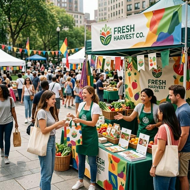 A bustling local outdoor marketing event with a branded stall.